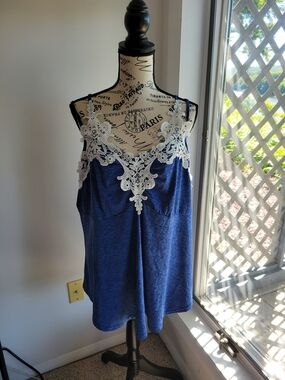 Women’s Bright Blue Lace-Trim Tank Top With Double Straps 3x
